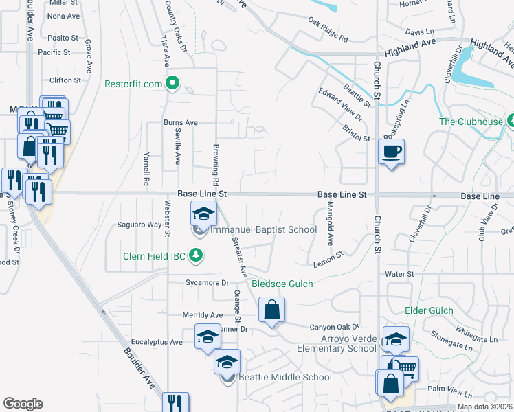 map of restaurants, bars, coffee shops, grocery stores, and more near 7336 Harding Court in Highland