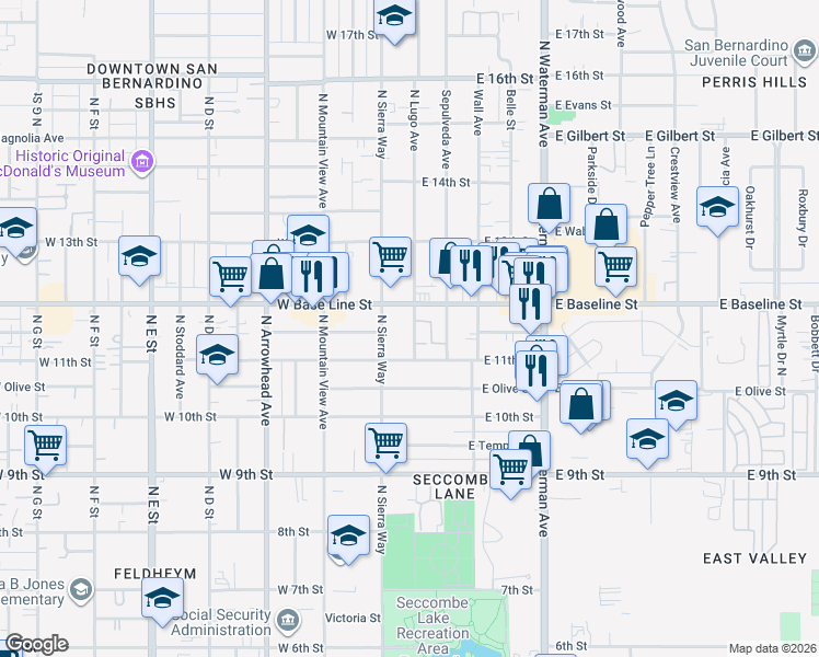 map of restaurants, bars, coffee shops, grocery stores, and more near 1170 North Lugo Avenue in San Bernardino