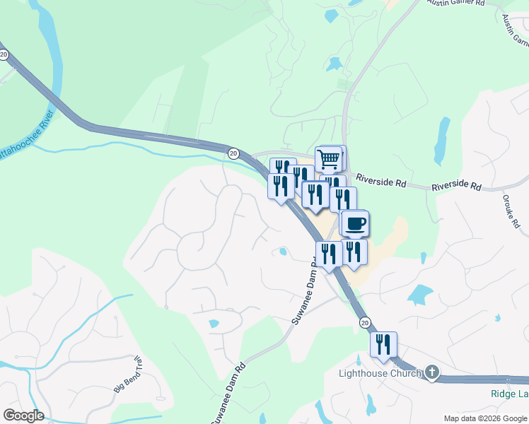 map of restaurants, bars, coffee shops, grocery stores, and more near 458 Laurel Run Place in Sugar Hill