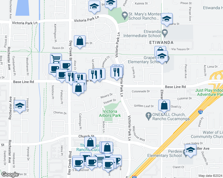 map of restaurants, bars, coffee shops, grocery stores, and more near 12568 Old Port Court in Rancho Cucamonga