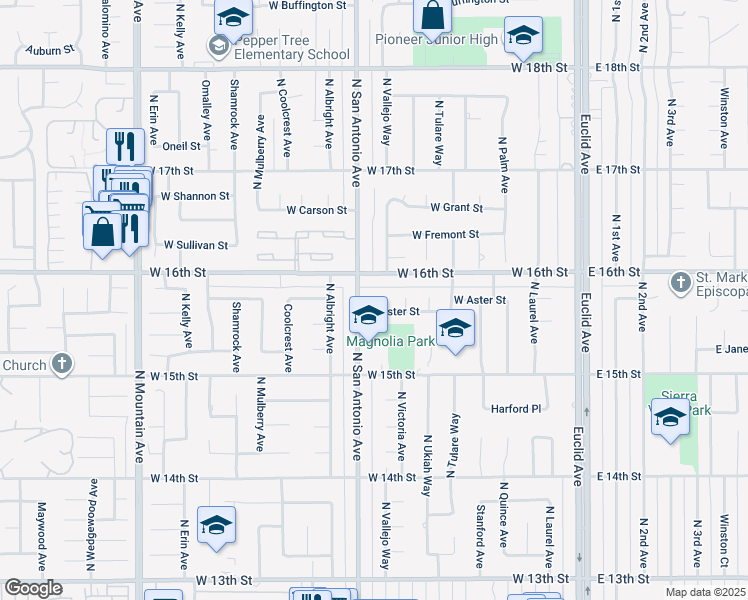 map of restaurants, bars, coffee shops, grocery stores, and more near 1575 Violet Way in Upland