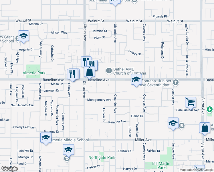 map of restaurants, bars, coffee shops, grocery stores, and more near 7348 Kamloops Avenue in Fontana