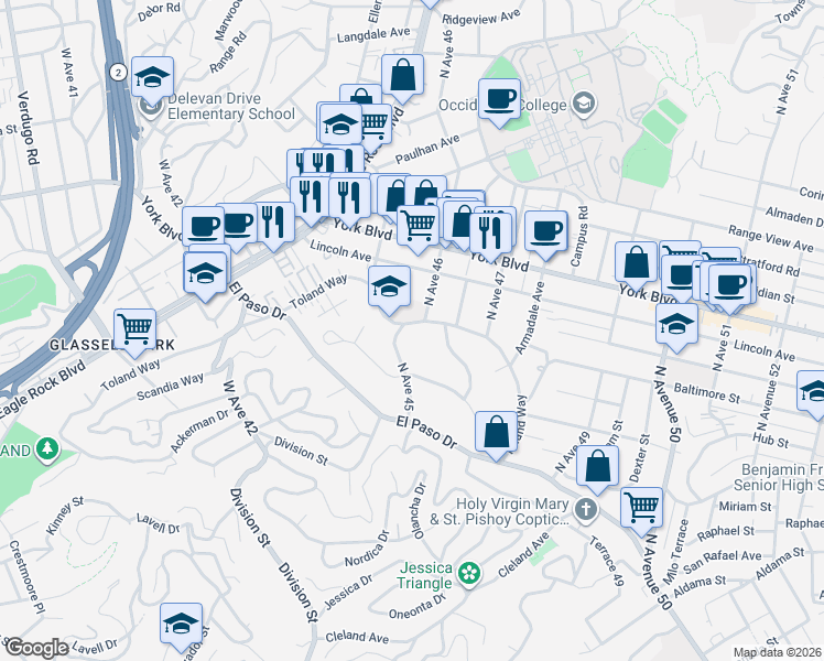 map of restaurants, bars, coffee shops, grocery stores, and more near 4566 Toland Way in Los Angeles