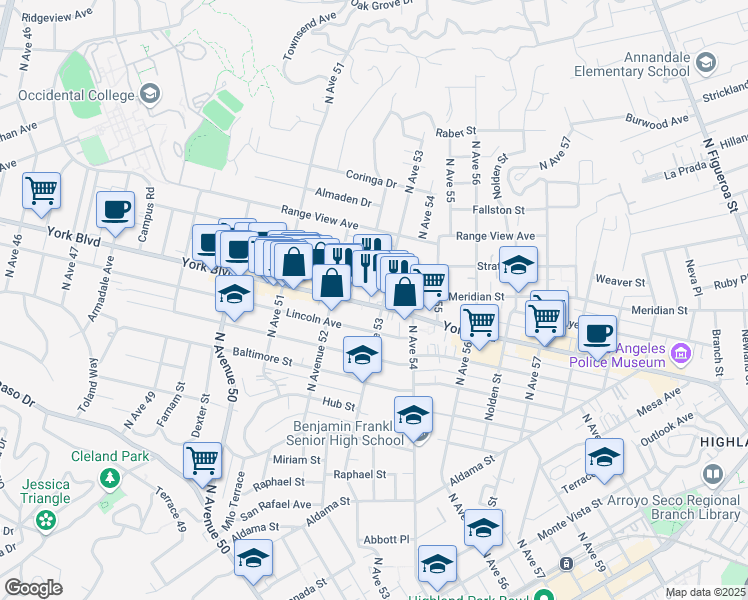 map of restaurants, bars, coffee shops, grocery stores, and more near 5229 York Boulevard in Los Angeles