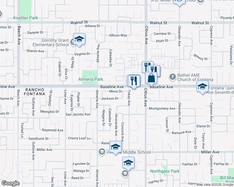 map of restaurants, bars, coffee shops, grocery stores, and more near 15935 Mesa Drive in Fontana