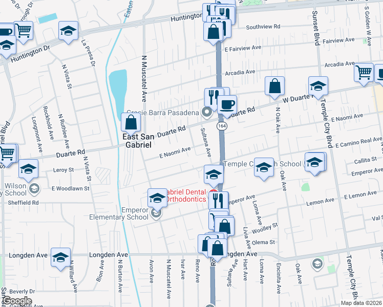 map of restaurants, bars, coffee shops, grocery stores, and more near 6737 North Lotus Avenue in San Gabriel