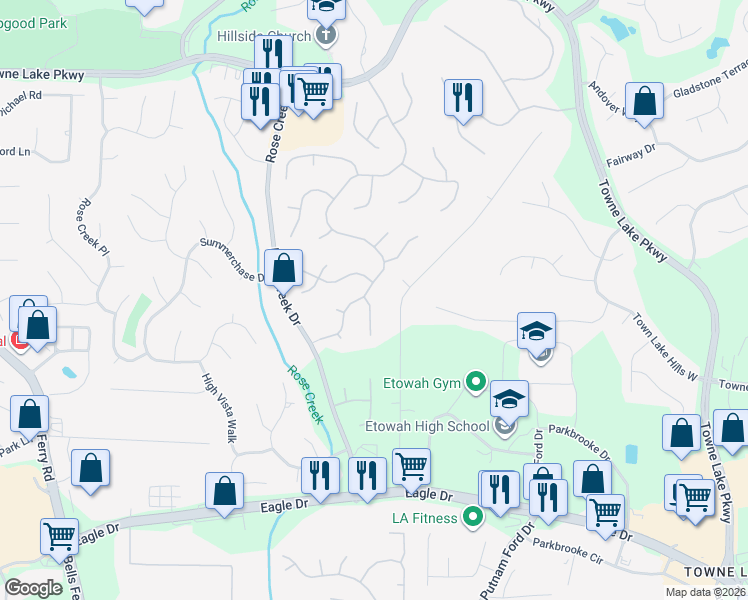 map of restaurants, bars, coffee shops, grocery stores, and more near 601 Stillwood Drive in Woodstock