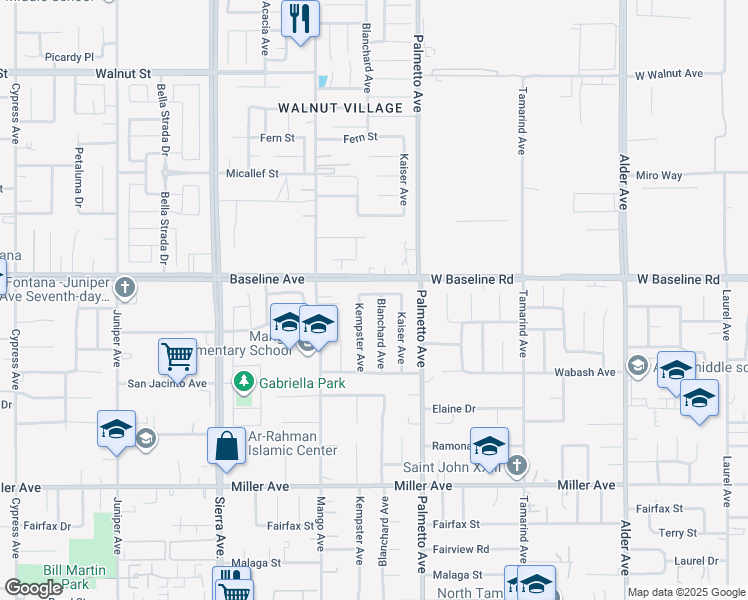 map of restaurants, bars, coffee shops, grocery stores, and more near 7350 Blanchard Avenue in Fontana