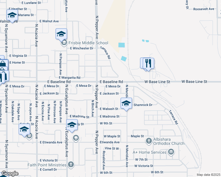 map of restaurants, bars, coffee shops, grocery stores, and more near 989 East Mesa Drive in Rialto