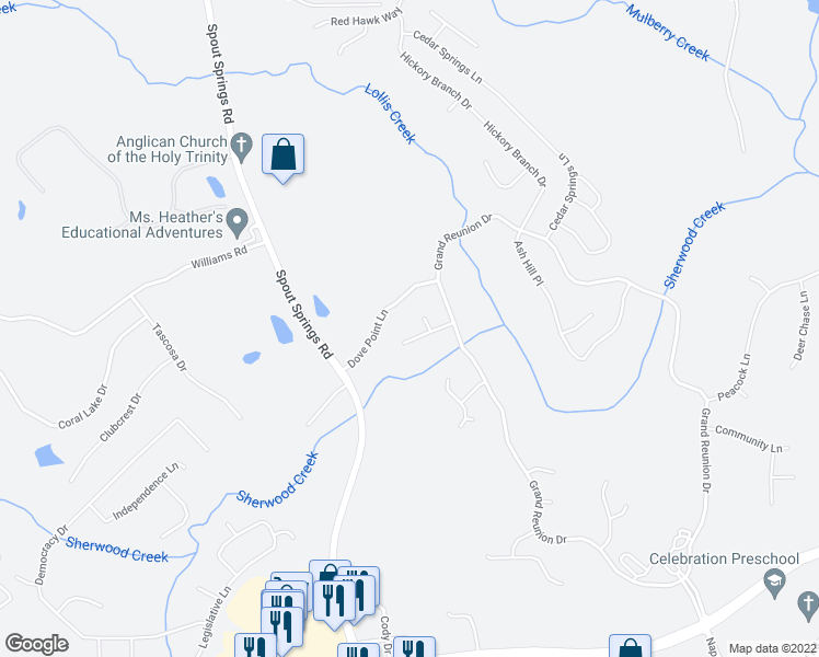 map of restaurants, bars, coffee shops, grocery stores, and more near 7172 Wrights Lane in Hoschton
