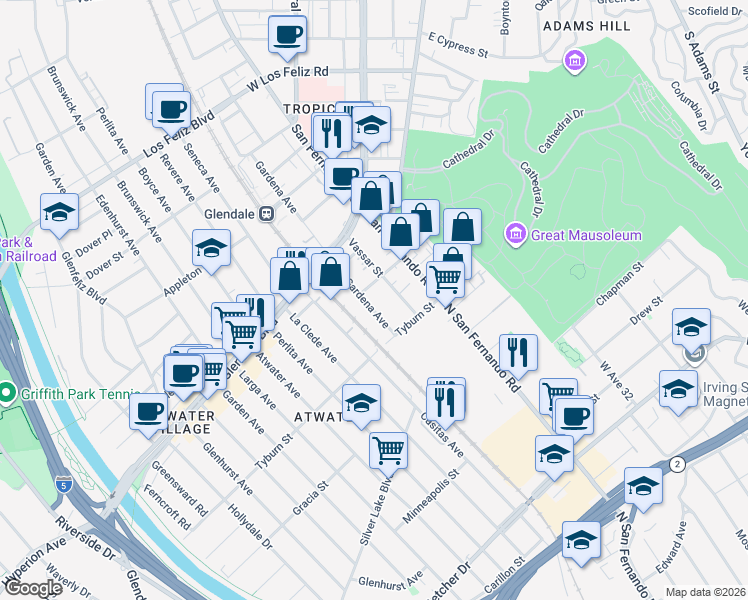 map of restaurants, bars, coffee shops, grocery stores, and more near 1908 Gardena Avenue in Glendale