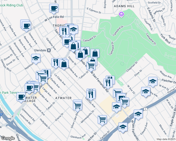 map of restaurants, bars, coffee shops, grocery stores, and more near 1815 Tyburn Street in Glendale