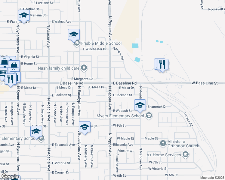 map of restaurants, bars, coffee shops, grocery stores, and more near 917 East Mesa Drive in Rialto