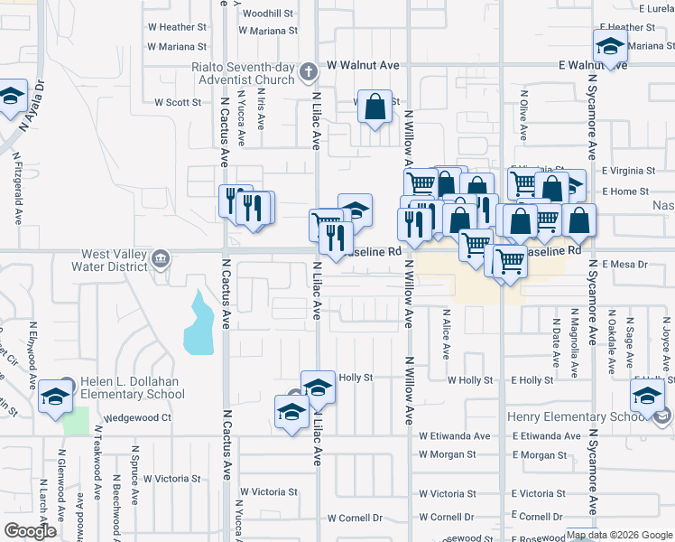 map of restaurants, bars, coffee shops, grocery stores, and more near 471 West Baseline Road in Rialto