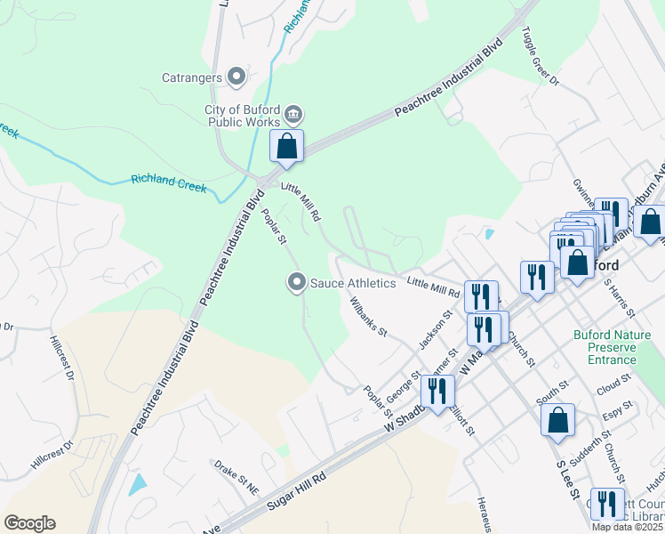map of restaurants, bars, coffee shops, grocery stores, and more near 560 Wilbanks Street in Buford