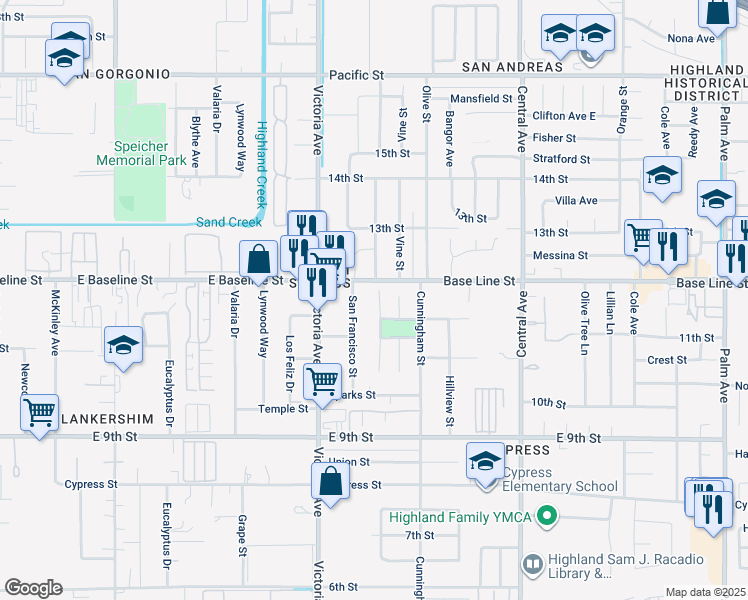 map of restaurants, bars, coffee shops, grocery stores, and more near 7339 Marshall Court in Highland