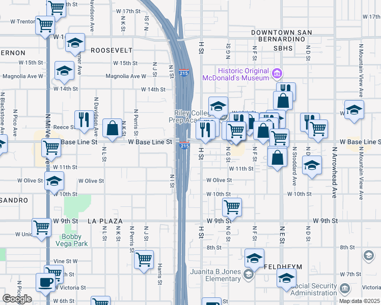 map of restaurants, bars, coffee shops, grocery stores, and more near 1158 North H Street in San Bernardino
