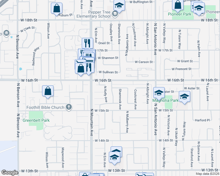 map of restaurants, bars, coffee shops, grocery stores, and more near 1577 Omalley Avenue in Upland