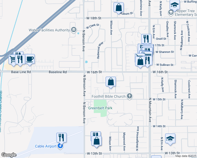 map of restaurants, bars, coffee shops, grocery stores, and more near 1578 Brentwood Avenue in Upland