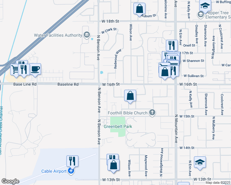 map of restaurants, bars, coffee shops, grocery stores, and more near 1578 Brentwood Avenue in Upland