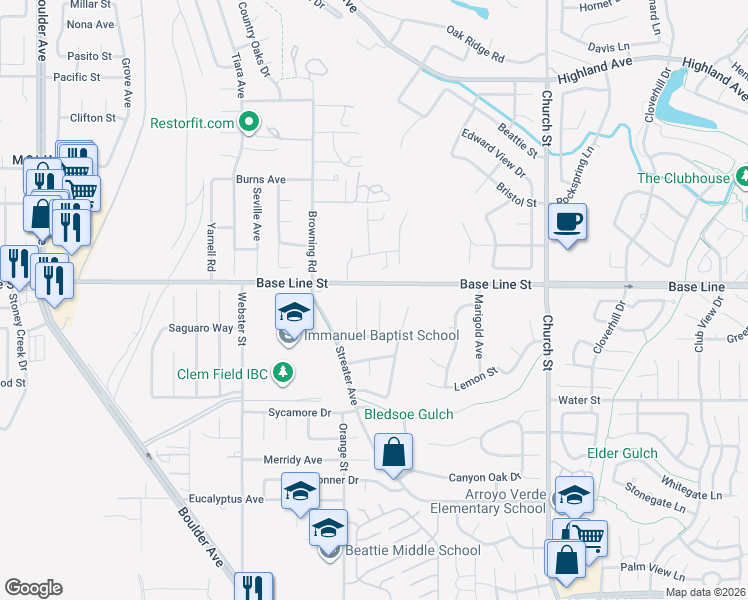 map of restaurants, bars, coffee shops, grocery stores, and more near 7336 Harding Court in Highland