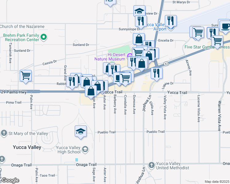 map of restaurants, bars, coffee shops, grocery stores, and more near Yucca Trail in Yucca Valley