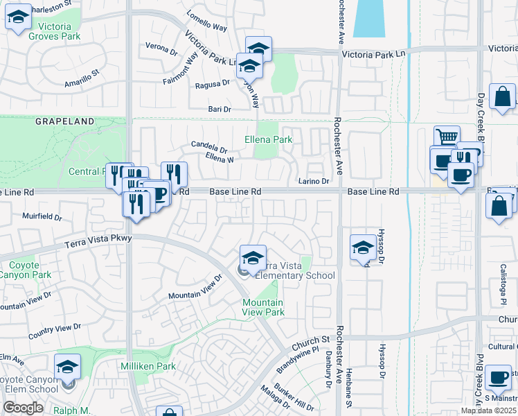 map of restaurants, bars, coffee shops, grocery stores, and more near 7350 Legacy Place in Rancho Cucamonga