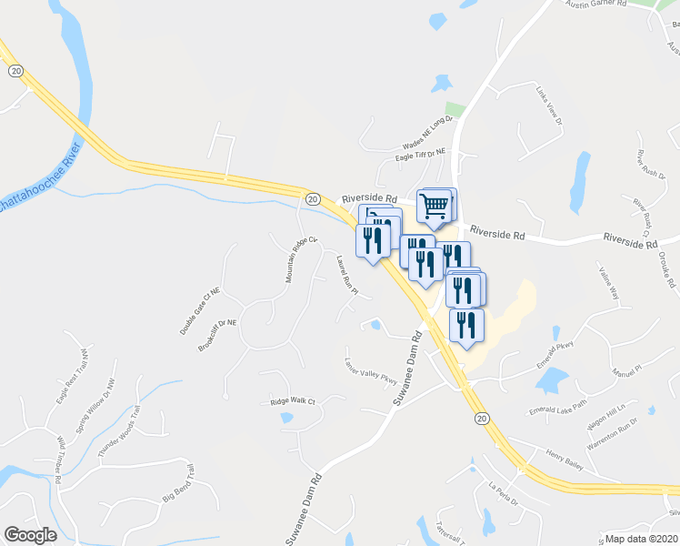 map of restaurants, bars, coffee shops, grocery stores, and more near 459 Laurel Run Place in Sugar Hill