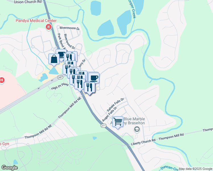 map of restaurants, bars, coffee shops, grocery stores, and more near 6381 Mossy Oak Landing in Braselton