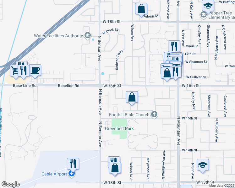 map of restaurants, bars, coffee shops, grocery stores, and more near 1578 Brentwood Avenue in Upland
