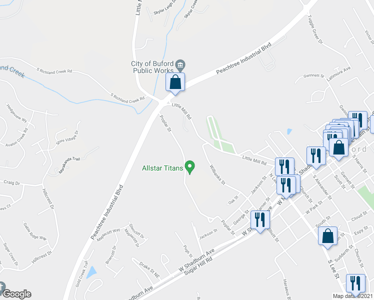 map of restaurants, bars, coffee shops, grocery stores, and more near 461 Poplar Street in Buford