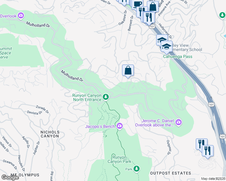 map of restaurants, bars, coffee shops, grocery stores, and more near 7308 Pacific View Drive in Los Angeles