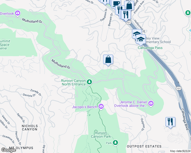 map of restaurants, bars, coffee shops, grocery stores, and more near 7308 Pacific View Drive in Los Angeles