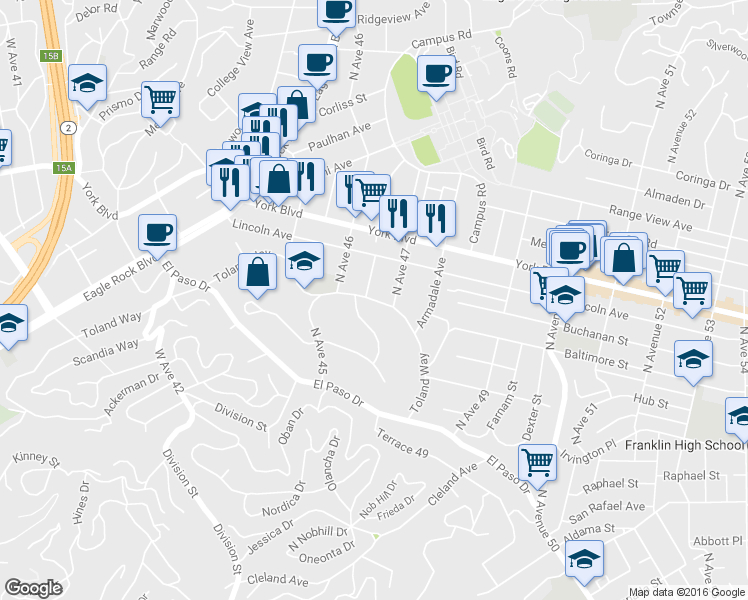 map of restaurants, bars, coffee shops, grocery stores, and more near 4647 Toland Way in Los Angeles