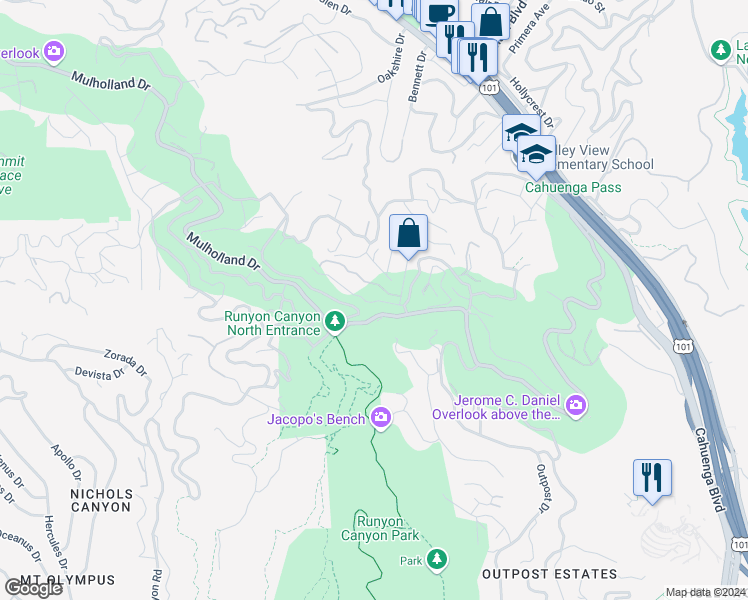 map of restaurants, bars, coffee shops, grocery stores, and more near 7287 Pacific View Drive in Los Angeles