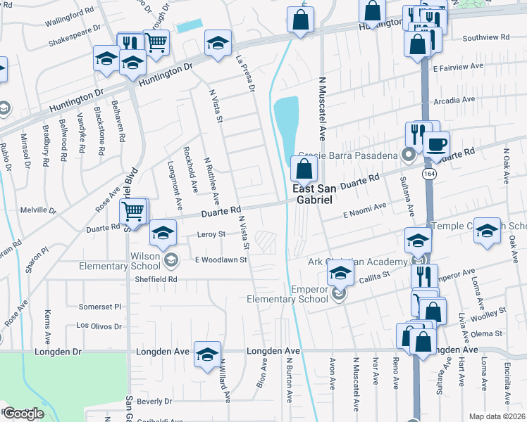 map of restaurants, bars, coffee shops, grocery stores, and more near 8538 Duarte Road in San Gabriel