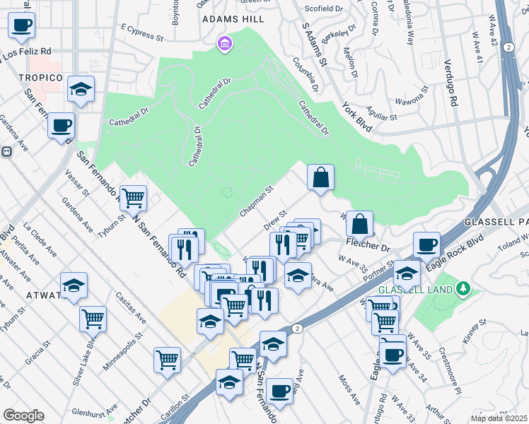 map of restaurants, bars, coffee shops, grocery stores, and more near 3221 Estara Avenue in Los Angeles