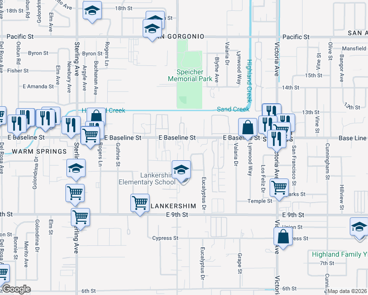 map of restaurants, bars, coffee shops, grocery stores, and more near 26135 East Baseline Street in Highland