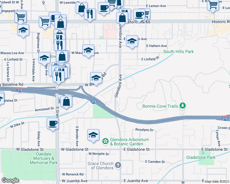 map of restaurants, bars, coffee shops, grocery stores, and more near 104 Ronwood Street in Glendora