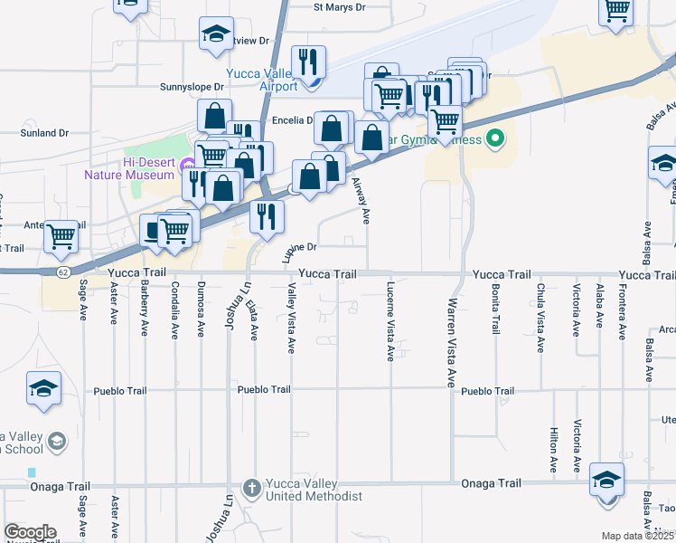 map of restaurants, bars, coffee shops, grocery stores, and more near 57430 Yucca Trail in Yucca Valley