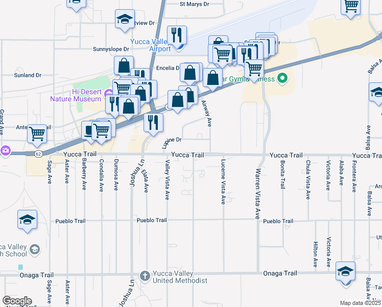 map of restaurants, bars, coffee shops, grocery stores, and more near 57430 Yucca Trail in Yucca Valley
