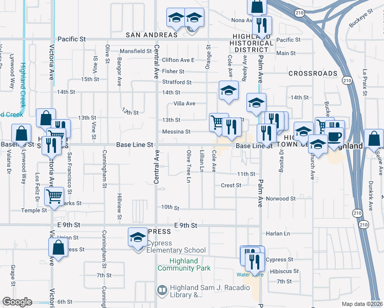map of restaurants, bars, coffee shops, grocery stores, and more near 7343 Olive Tree Lane in Highland