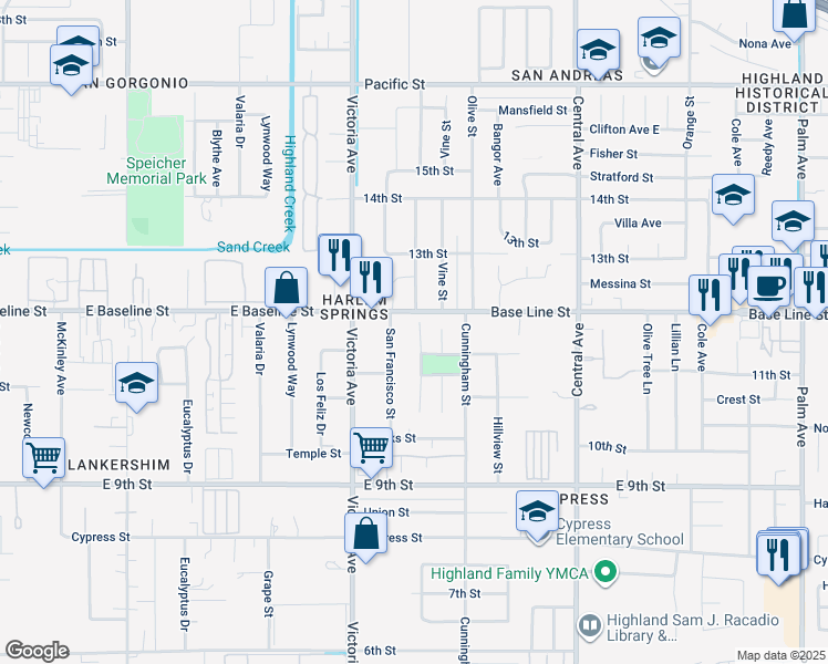 map of restaurants, bars, coffee shops, grocery stores, and more near 7339 Marshall Court in Highland