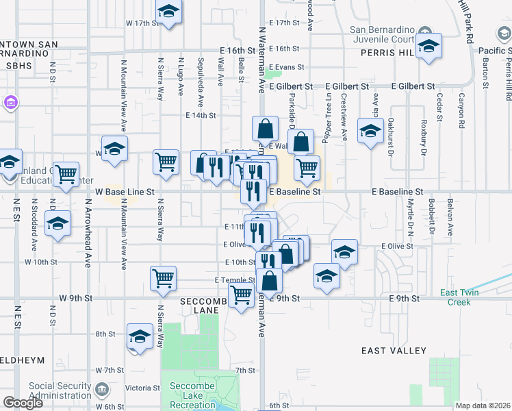 map of restaurants, bars, coffee shops, grocery stores, and more near 1168 North Waterman Avenue in San Bernardino