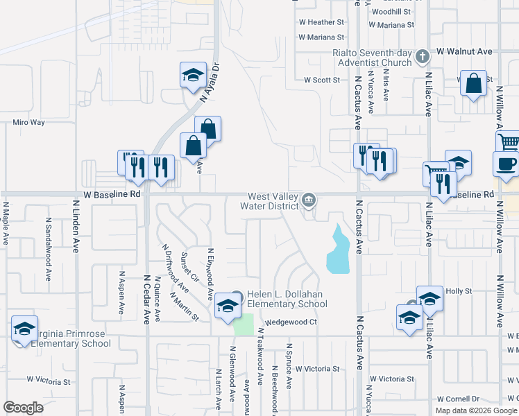 map of restaurants, bars, coffee shops, grocery stores, and more near 987 West Mesa Drive in Rialto