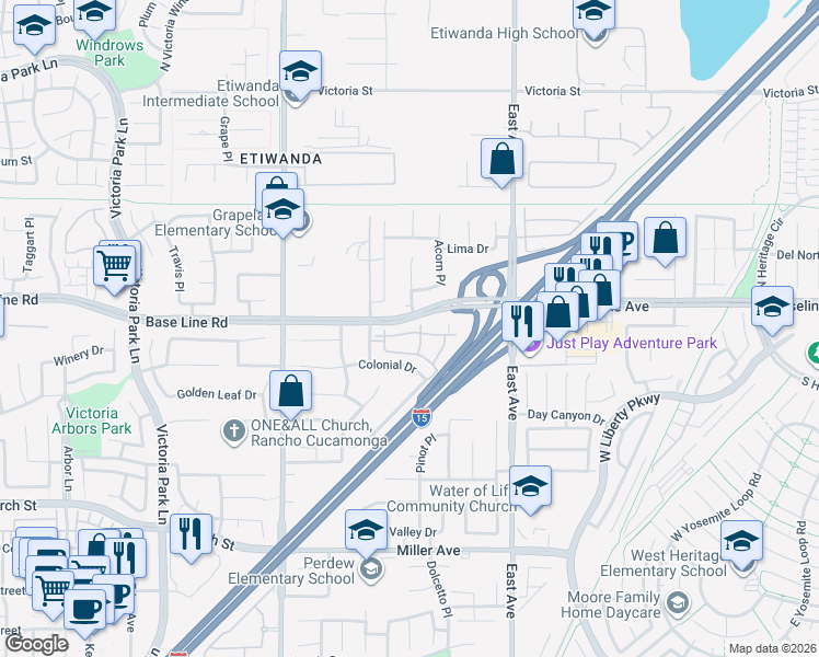 map of restaurants, bars, coffee shops, grocery stores, and more near 12961 Base Line Road in Rancho Cucamonga