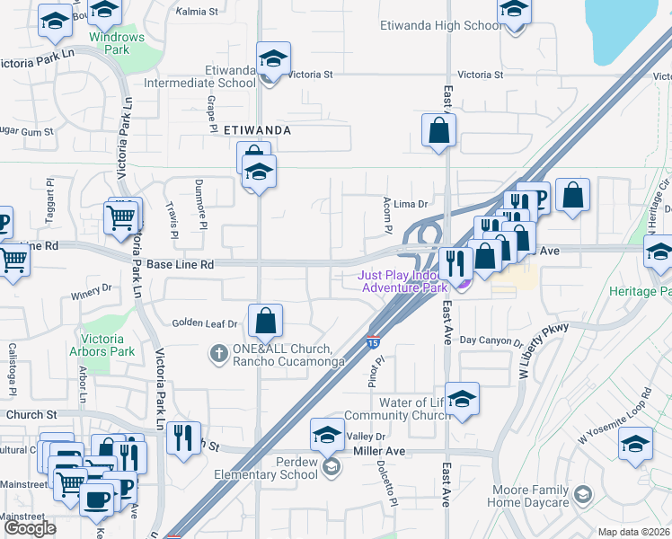 map of restaurants, bars, coffee shops, grocery stores, and more near 7308 Shelby Place in Rancho Cucamonga