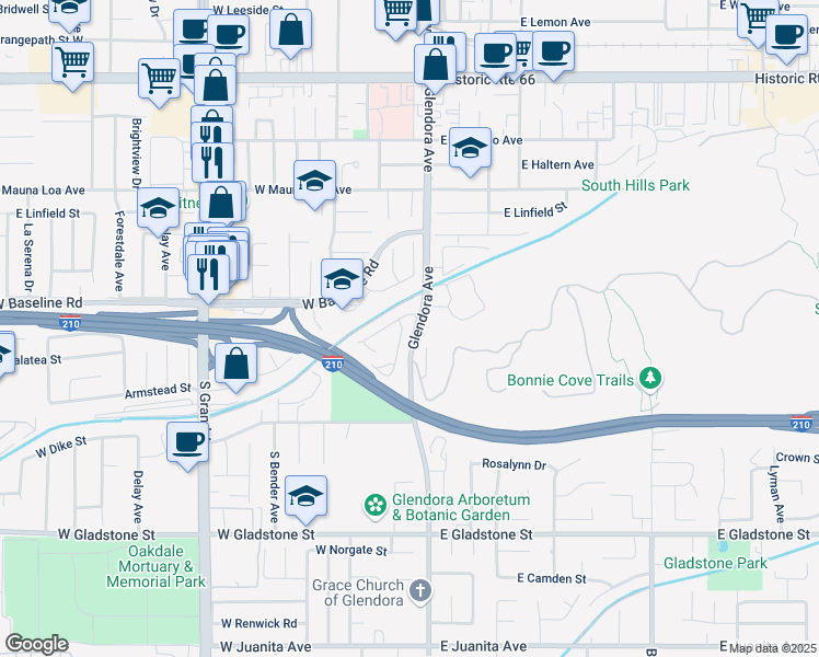 map of restaurants, bars, coffee shops, grocery stores, and more near 104 Ronwood Street in Glendora