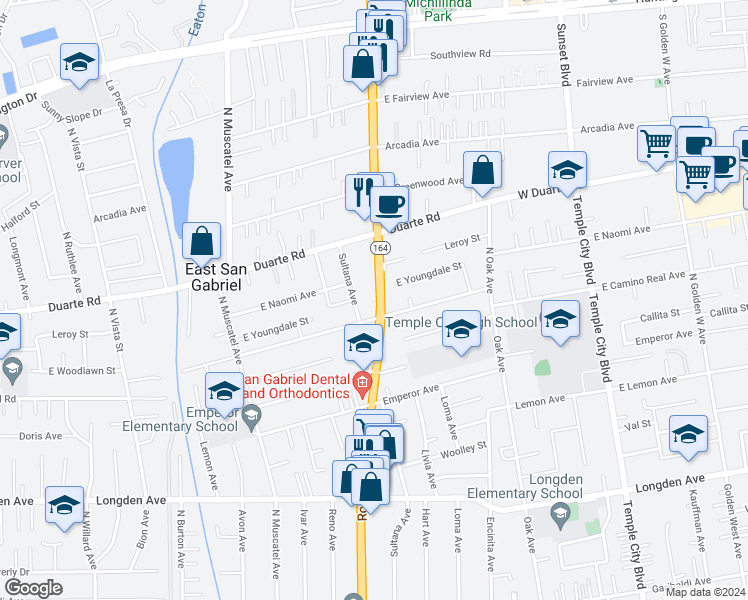 map of restaurants, bars, coffee shops, grocery stores, and more near 6710 Rosemead Boulevard in San Gabriel