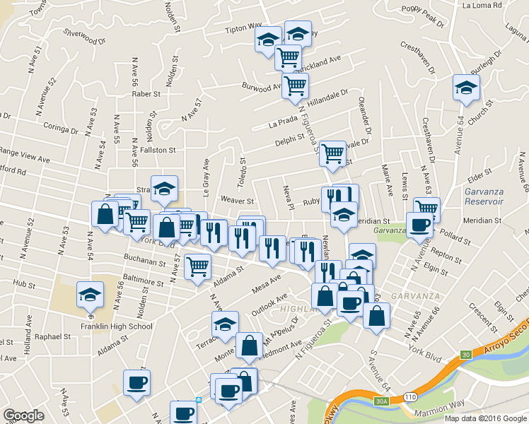 map of restaurants, bars, coffee shops, grocery stores, and more near 6021 Meridian Street in Los Angeles